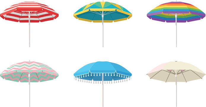 Colorful Beach Umbrella Vector Icon Set Featuring Various Striped Rainbow and Patterned Parasols for Summer Vacation and Tropical Resort Designs