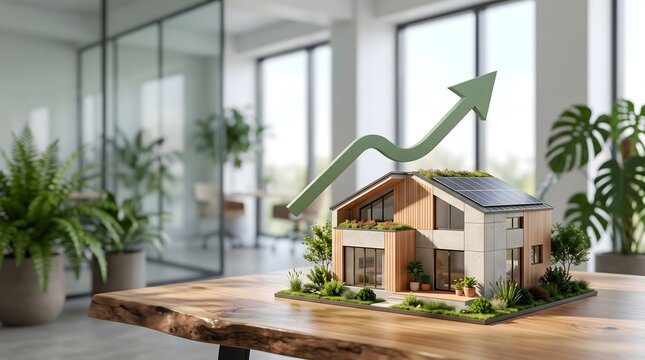 Eco friendly house model with solar panels beneath an upward arrow representing sustainable property growth