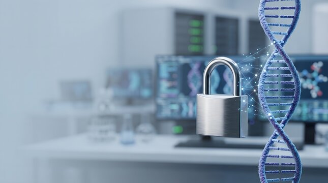 Chrome padlock beside a DNA helix representing genomic data security in a biotechnology laboratory