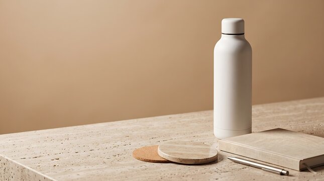 Blank white reusable bottle with notebook pen and natural coasters on a neutral desk