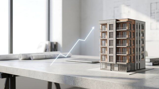 Modern apartment building model beside a rising graph representing residential property market growth