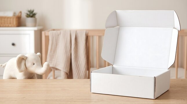 Open white shipping box displayed in a bright nursery interior with copy space