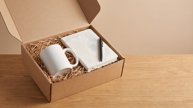 Open kraft gift box with white mug notebook and pen arranged in paper filler
