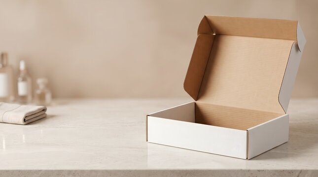 Open white mailer box on a light stone vanity counter with clean copy space
