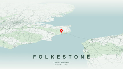 Modern minimalist vector map of Folkestone, Kent, England. High-quality scalable illustration of Folkestone geographic boundaries along English Channel coastline for posters design. © AliRza