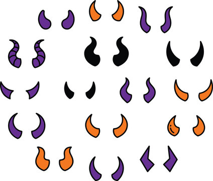 Collection of various devil horns for halloween costume design and fantasy character illustration isolated on white background