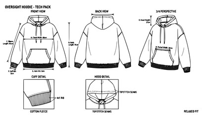 Blank Oversized Hoodie Technical Apparel Specification Sheet Vector Illustration © MdAgijer