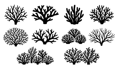 Coral Reef Silhouette Collection Featuring Marine Ocean Corals Underwater Nature Decorative Vector Illustration Set © Sukumary