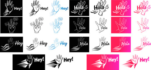 Waving hand greeting icons set, Hey and Hola text typography, hand drawn sketch style vector illustrations for social media and messaging © zahidyounas
