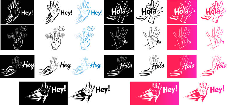 Waving hand greeting icons set, Hey and Hola text typography, hand drawn sketch style vector illustrations for social media and messaging