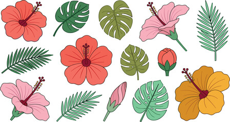 Tropical Hibiscus Flower and Monstera Palm Leaf Vector Icon Set Featuring Colorful Exotic Blossoms and Foliage for Summer Garden Graphic Designs © MstSapla