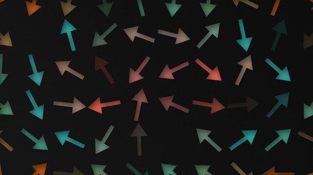 Abstract background with a pattern of multicolored directional arrows rotating on a dark backdrop. Suitable for strategy, navigation and direction concepts. Full HD and looping animation.