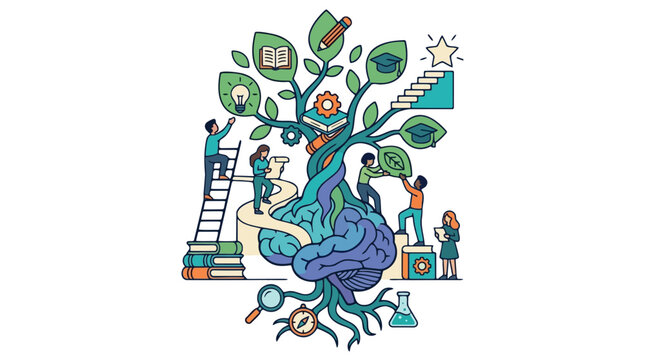 Illustration of a brain tree symbolizing growth of knowledge and learning