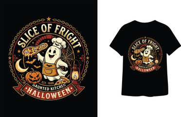 Fototapeta premium Slice of Fright Haunted Kitchen Ghost Pizza Halloween T Shirt Design