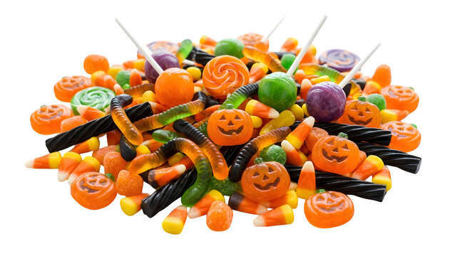 Vibrant Halloween candy assortment, a festive collection of sweet treats, colorful lollipops, gummy worms, and candy corn, perfect for holiday celebrations and trick-or-treating. isolated on
