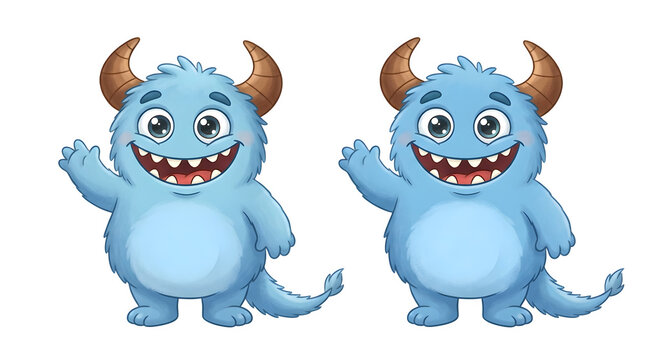 Cute blue monster illustration, adorable furry creature with horns, friendly cartoon character design, playful mascot graphic for children's content isolated on Transparent Background