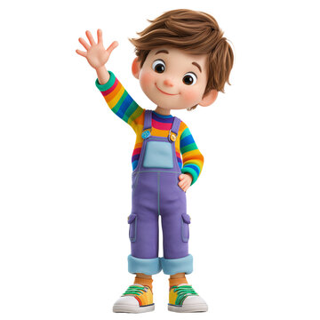 Cheerful cartoon boy waving in colorful overalls and rainbow sleeves isolated on transparent background