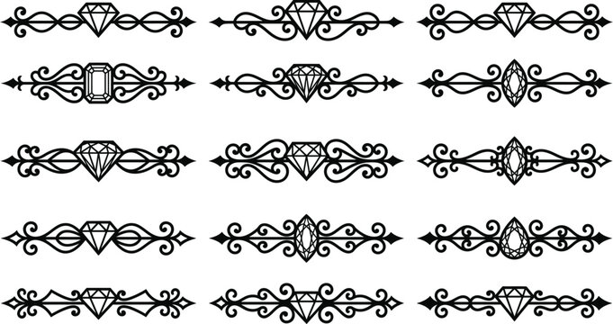 Elegant diamond flourishes and decorative swirls vector illustration on a white background