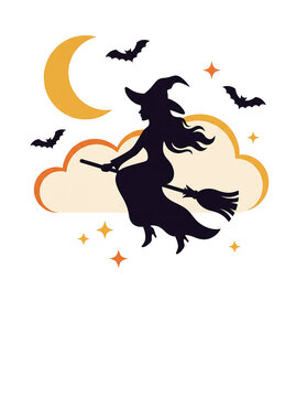Witch flying on broomstick under a crescent moon with bats Halloween, Happy Halloween, Halloween 2026, Spooky Season, Halloween Art, Halloween Design, Halloween Graphics