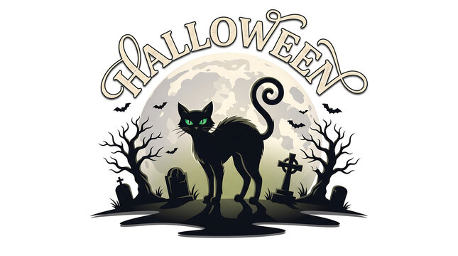 Black cat sitting among autumn leaves with full moon Halloween, Happy Halloween, Halloween 2026, Spooky Season, Halloween Art, Halloween Design, Halloween Graphics