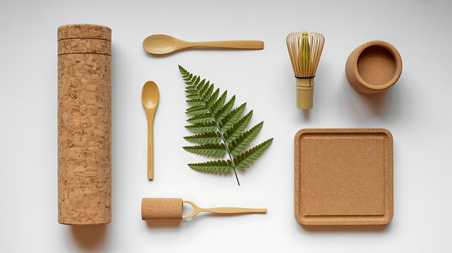 Sustainable kitchen tools and matcha tea set made of natural cork and bamboo on white background