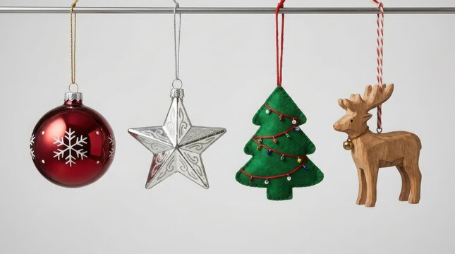 Four different christmas ornaments including a red bauble, a silver star, a green tree, and a cute wooden reindeer hanging on a rod