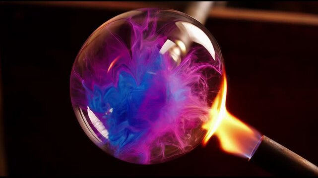 Blown glass art with vibrant blue swirls being shaped flame