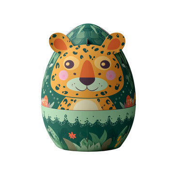 Cute cartoon leopard egg decorated with jungle scene and whimsical village illustration for Easter gift