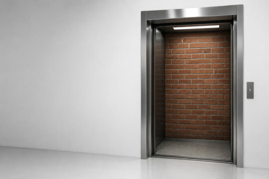 Open elevator reveals a brick wall blocking entry. Space for text.