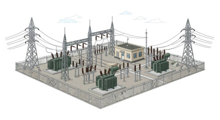 Fototapeta premium Electrical substation with transmission towers vector illustration on a white background power station plant