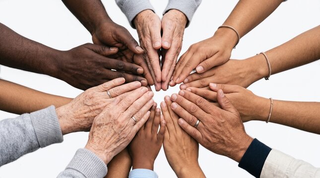 Diverse group of people of different ages and ethnicities joining hands together in unity and support