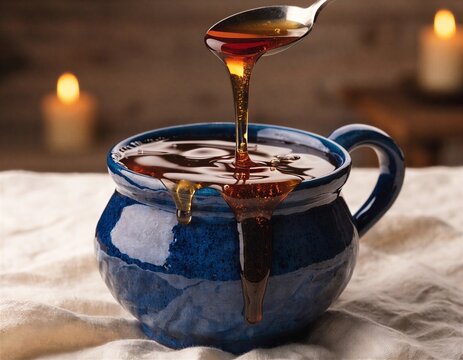Honey dripping from spoon into blue ceramic mug with warm candlelight background
