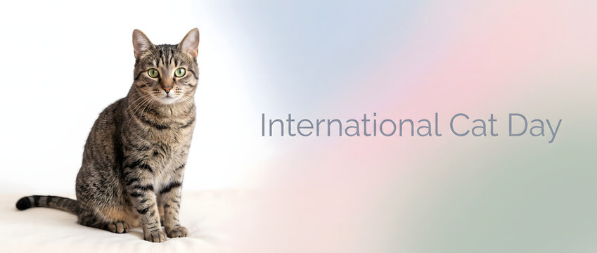 International Cat Day Banner with Tabby Cat Sitting on White Background, Social Media Header Template with Pastel Gradient and Copy Space