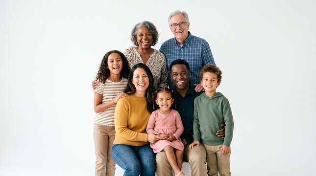 Multi generational diverse family posing together smiling and laughing in a studio portrait
