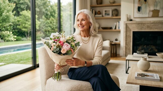 Senior woman holding floral bouquet in modern living room with garden view