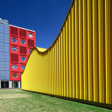 Colorful buildings in Belval, a post-industrial city built on the site of an old steel factory.