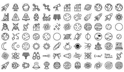 Space Exploration and Astronomy Outline Icons Set with Editable Stroke Black Vector Collection © MdShakil