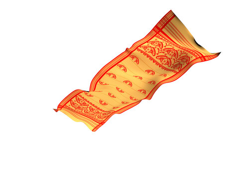 Gamosa or gamusa flying isolated on white or transparent png. It is generally a white rectangular piece of cloth from assam used in bihu. flying fabric png.