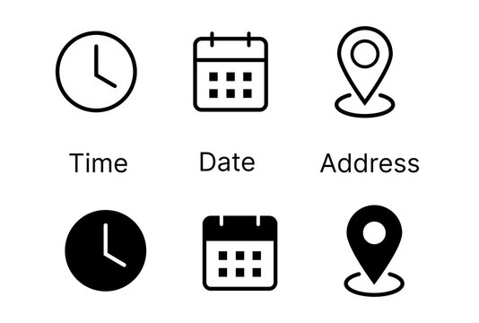 Date, time, and location address icon set vector illustration.