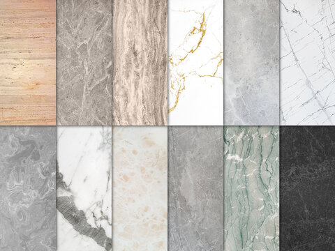 Collection of luxury marble, granite, quartz and stone swatches. Natural interior design materials sampler background, textured tile set for architectural wall and floor decoration.
