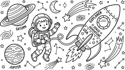 Doodle Style Space Exploration Coloring Page Illustration Featuring Astronaut, Explorer Rocket, Saturn, Jupiter, Constellations, Shooting Stars, and Galaxies Line Art © MstAnjuAra