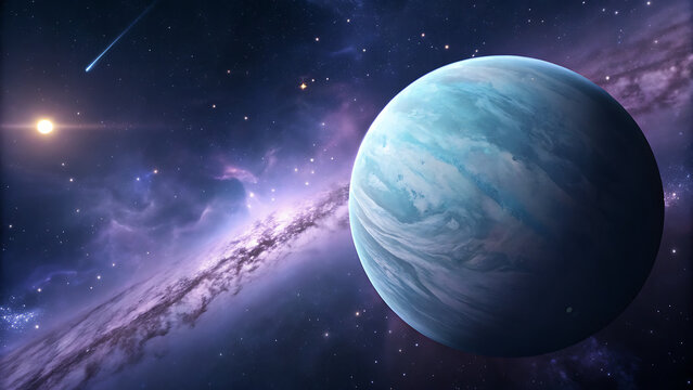 Neptune planet in deep space with glowing cosmic nebula. Distant ice giant surrounded by vibrant interstellar gas clouds and stars.