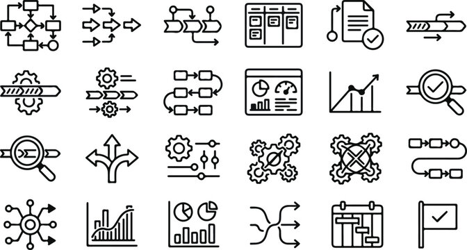 Set of business process management icons featuring flowcharts data analysis workflow optimization and organizational strategy planning line art symbols