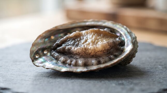 Beautiful single raw abalone in shell on dark stone background with copy space.