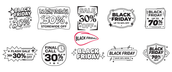 Fototapeta premium Black Friday sale badges and discount labels. Set of promotional stickers for retail marketing.
