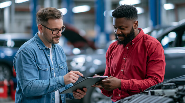 Auto mechanic and customer interacting at a car shop, customer service and vehicle maintenance concept, with copy space