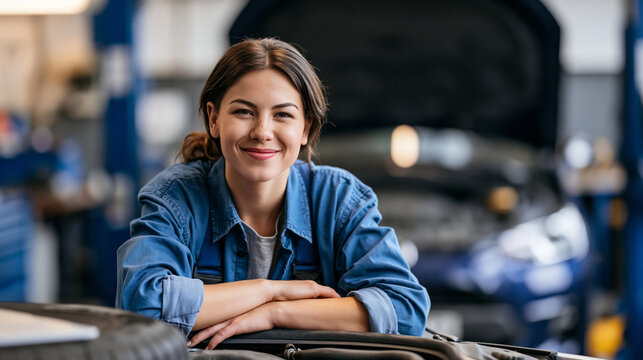 Young professional female mechanic smiling at the camera while leaning on a car in an auto repair shop, confident automotive service branding, with copy space