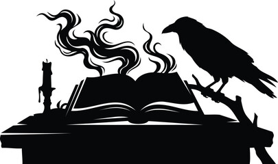 Naklejka premium Open spell book with raven perched on mystical ink swirls and ancient symbols black bird open book mystical symbols