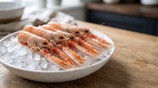 Fresh langoustines on ice in white bowl on wooden table ready to be cooked.