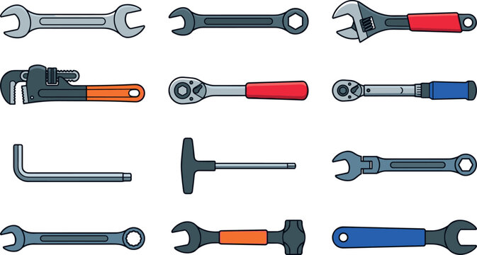 Professional wrench tool vector set featuring adjustable spanner pipe wrench ratchet allen key and socket tools for mechanic garage hardware service, 20 words.